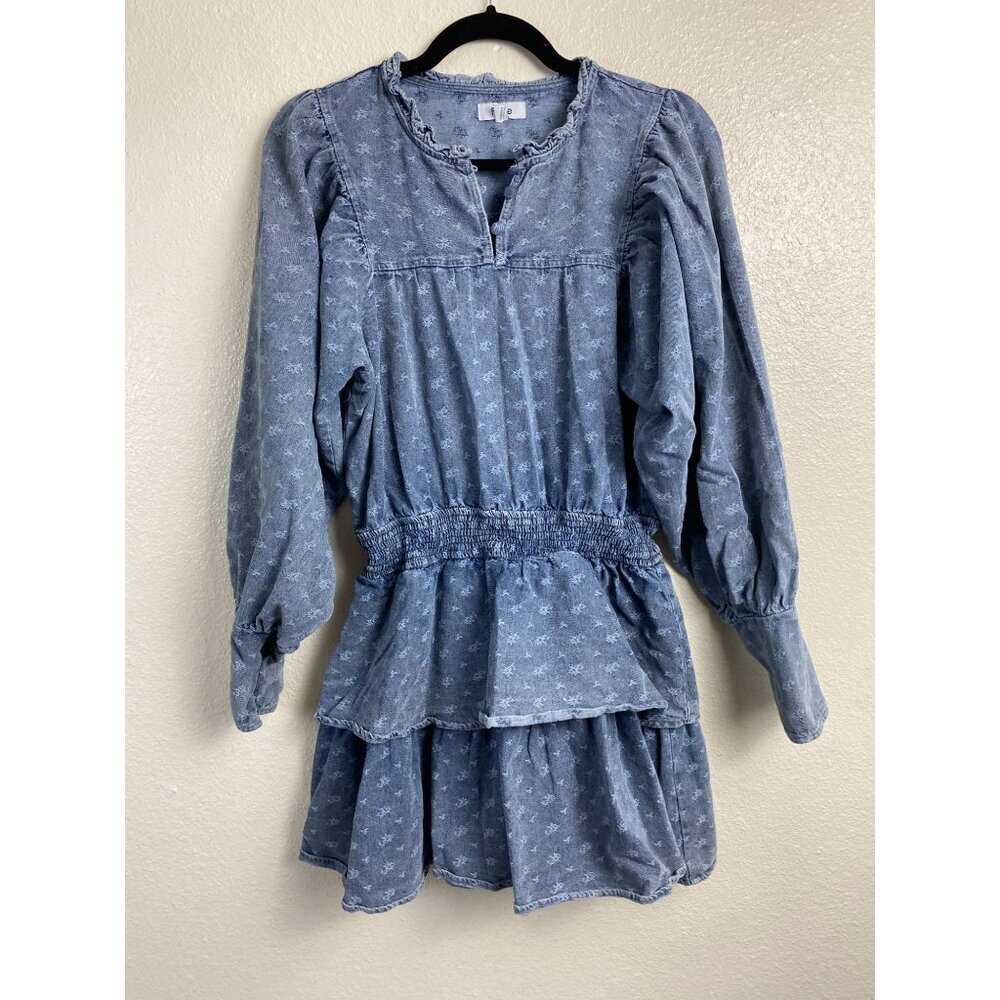 Fate Womens Smock Waist Ruffle Long Sleeve Denim Dress Size Medium Blue